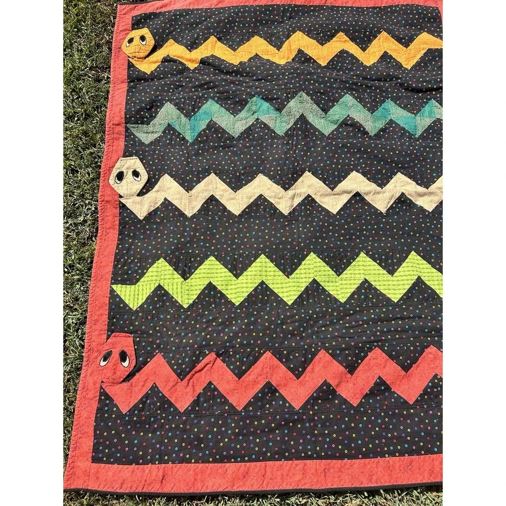 VTG Handmade Patchwork Quilt Snake Pattern Kids Reptile Double Sided 58X45